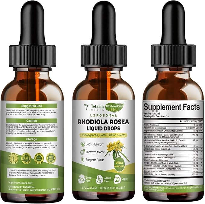Liposomal Rhodiola Rosea Tincture, Ultra Strength Rhodiola Supplement with Ashwagandha, Saffron, Magnesium, SAM-e, Rhodiola Rosea Extract Liquid Drops for Natural Relaxation, Mood, Energy, Pack of 2