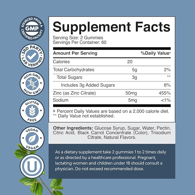 Extra Strength Zinc Gummies for Adults - Chewable Zinc Supplements for Women & Men for Energy & Immune Support - Vitamins & Mineral Supplements - 120 Chews