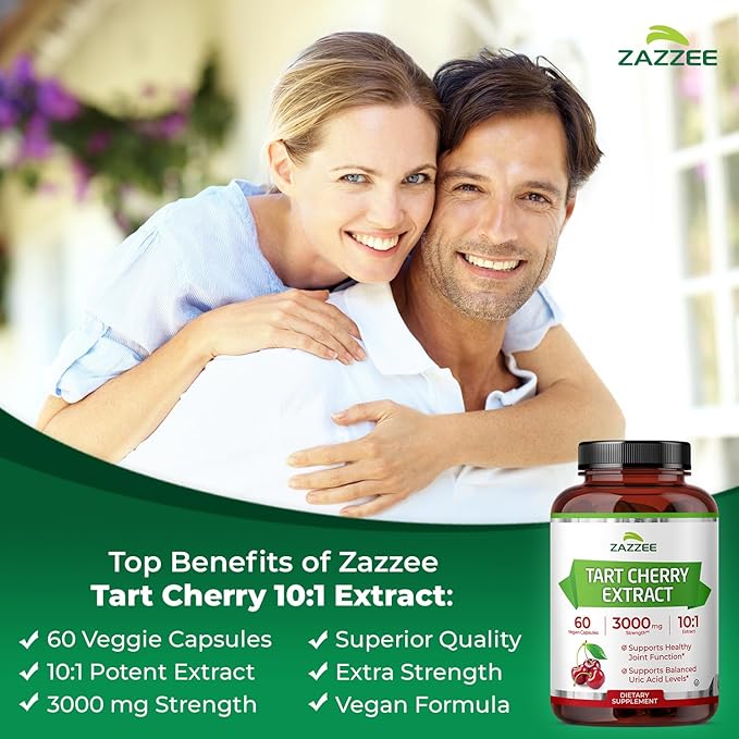 Zazzee Tart Cherry 10:1 Extract, 3000 mg Strength, 60 Vegan Capsules, 2 Month Supply, Certified Kosher, Concentrated and Standardized 10X Extract, 100% Vegetarian, All-Natural, Gluten Free, Non-GMO