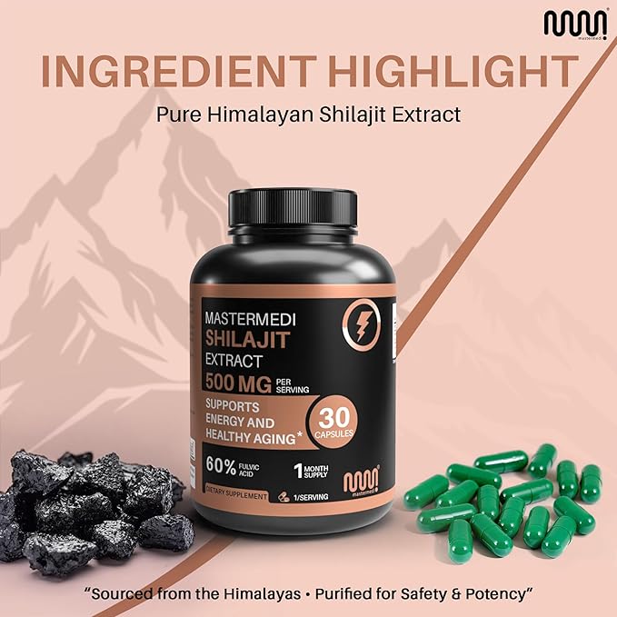 MasterMedi Shilajit 500mg – Pure Himalayan Extract Standardized to Fulvic Acid – Energy, Stamina & Vitality Support – 30 Vegan Capsules – Non-GMO, Gluten-Free, No Fillers, Made in India