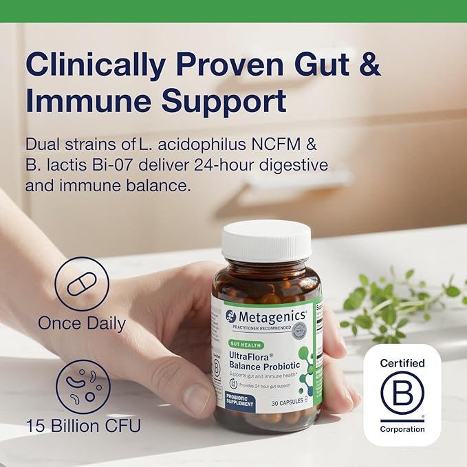 Metagenics UltraFlora Balance Probiotic - Shelf-Stable Daily Gut Health Supplement for Digestive & Immune Support* - Non-GMO & Gluten-Free - 30 Capsules