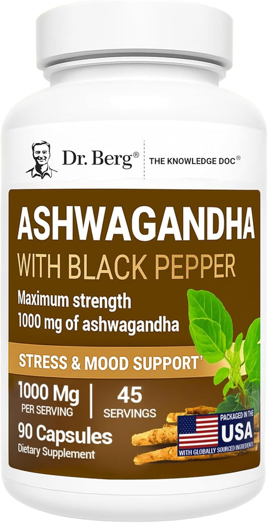 Dr. Berg Ashwagandha Capsules 1000mg - Includes Ashwagandha Root with Black Pepper from Bioperine - Ashwagandha Supplements 90 Capsules