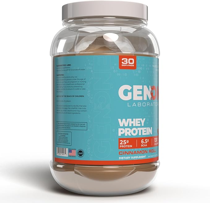 GenOne Whey Protein Powder Isolate, 25g Protein and 6.5g BCAAs per Serving, Cinnamon Roll, Low Carb, Fast Digesting, 30 Servings, 2.25 LB