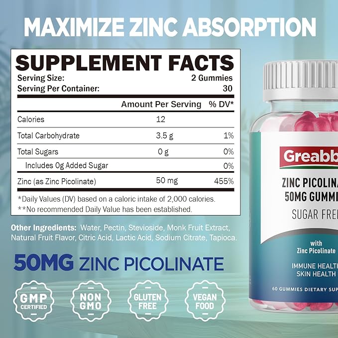Zinc Gummies Sugar Free, Zinc Picolinate 50mg Highly Absorbable Zinc Supplement for Kids & Adults, Support Immune System, Skin Health, 120 Gummies