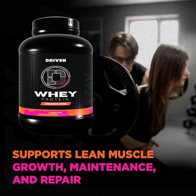 Driven WHEY- Grass Fed Whey Protein Powder: Delicious, Clean Protein Shake- Improve Muscle Recovery with 23 Grams of Protein with Added BCAA and Digestive Enzymes (5 lb, Cinnamon Roll)