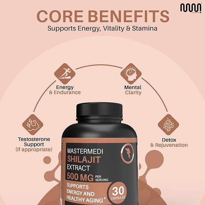 MasterMedi Shilajit 500mg – Pure Himalayan Extract Standardized to Fulvic Acid – Energy, Stamina & Vitality Support – 30 Vegan Capsules – Non-GMO, Gluten-Free, No Fillers, Made in India