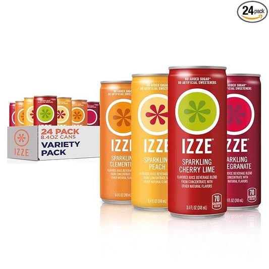 IZZE Sparkling Juice Beverage Blend, Sunset Variety Pack, Clementine, Peach, Cherry Lime, Pomegranate, No Sugar Added, 8.4 Fl Oz (Pack of 24)