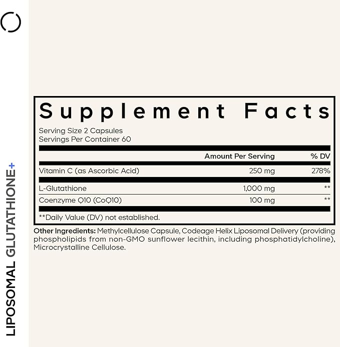 Codeage Liposomal Glutathione+ Supplement - 1000 mg Reduced L-Glutathione Pills, Vitamin C Ascorbic Acid, CoQ10 - Liposomal Delivery - Skin & Antioxidant Support - Non-GMO - 120 Capsules