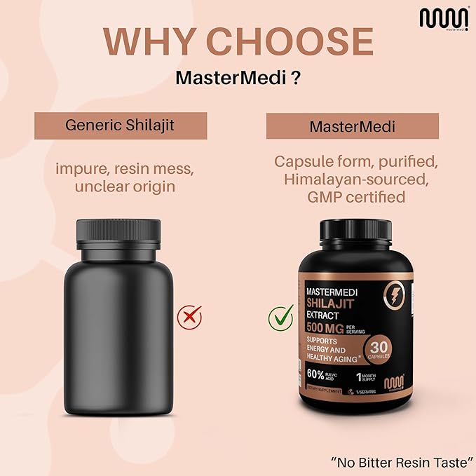 MasterMedi Shilajit 500mg – Pure Himalayan Extract Standardized to Fulvic Acid – Energy, Stamina & Vitality Support – 30 Vegan Capsules – Non-GMO, Gluten-Free, No Fillers, Made in India