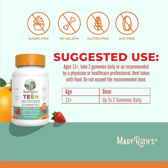 MaryRuth Organics Multivitamin for Teens | Teen Multivitamin Multimineral Gummies with Vitamin B, C, D and E, Biotin, Zinc | Teen Vitamins | Vegan | Sugar Free | Gluten Free | 60 Count