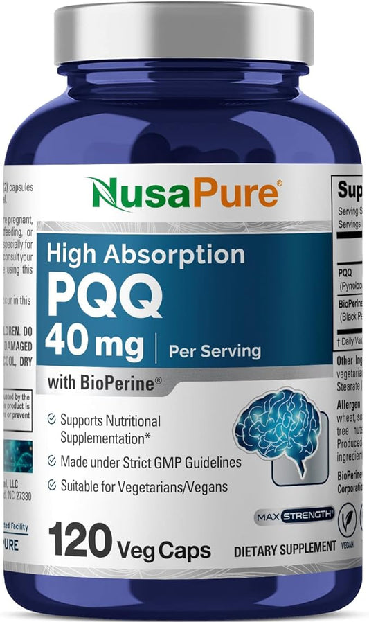 NusaPure PQQ Supplement 40 mg, 120 Veggie Capsules, Non-GMO, Pyrroloquinoline Quinone Disodium Salt, Bioperine