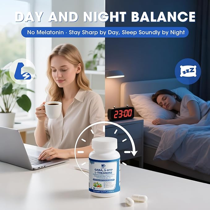 GABA Supplements 750mg with L Theanine, 5HTP, Ashwagandha, Lemon Balm, Ginkgo Biloba, Omega-3, 10 in 1 GABA Calm Capsules for Sleep, Relaxation, Focus, Mood Support, Cortisol Balance - 120CT