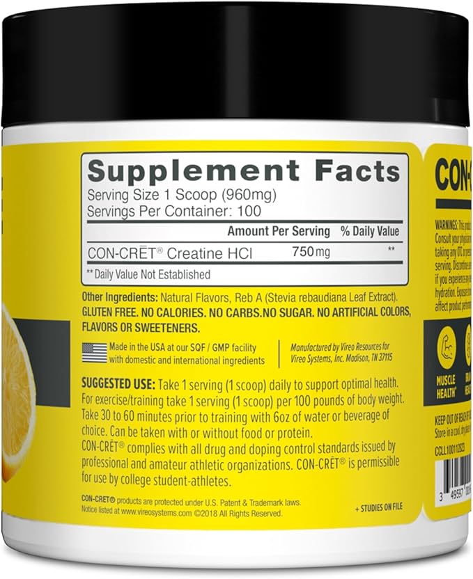 CON-CRET Creatine HCl Powder | Muscle, Cognitive, Cellular Energy Support | No Bloating or Cramps | USA Made & NSF Certified | Lemon Lime (100 Serving)