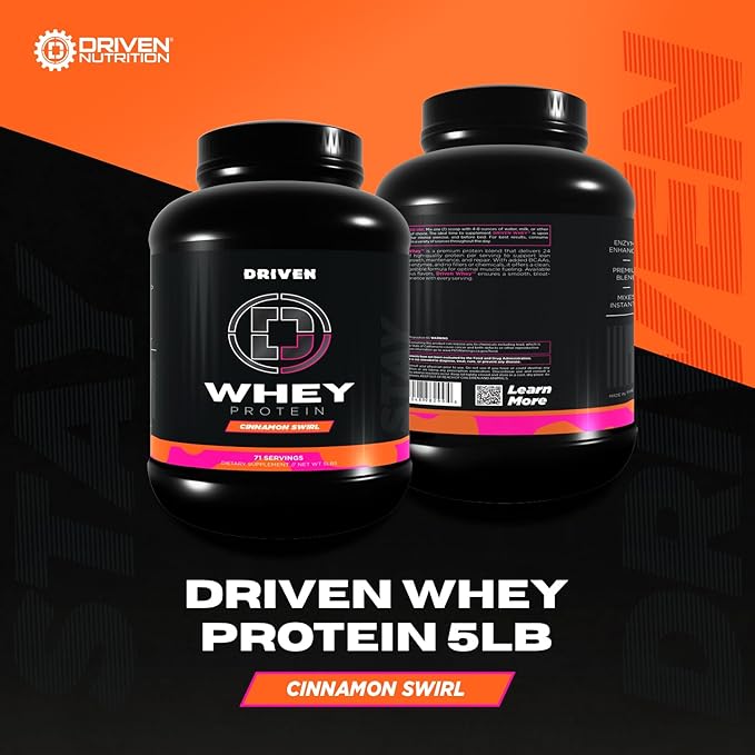 Driven WHEY- Grass Fed Whey Protein Powder: Delicious, Clean Protein Shake- Improve Muscle Recovery with 23 Grams of Protein with Added BCAA and Digestive Enzymes (5 lb, Cinnamon Roll)