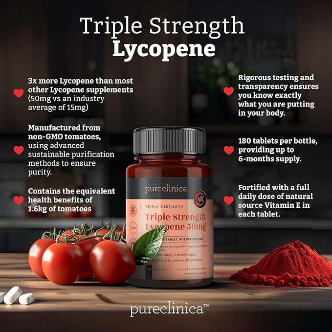 pureclinica 50mg Lycopene x 360 Tablets (2 Bottles of 180 Tablets Each - 12 Months Supply). Triple Strength Lycopene are 3 x Strength of Regular Tablets.