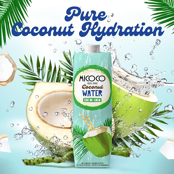 MICOCO Coconut Water, No Added Sugar, (1L) 33.8 Fl Oz (Pack of 12)