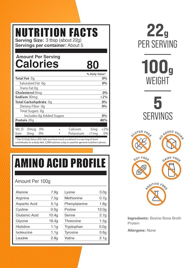 BulkSupplements.com Beef Bone Broth Protein Powder - Bovine Bone Broth Protein, Lactose Free Protein Powder - Dairy Free & Gluten Free, 22g per Serving, 100g (3.5 oz) (Pack of 1)