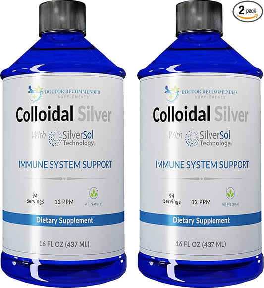Colloidal Silver Liquid - 12 PPM Premium Silver Solution, 60 MCG Per Serving, All Natural, Vegan Immune System Support, Ionic Silver Water Daily Mineral Supplement (2-16 Fl oz Bottles)