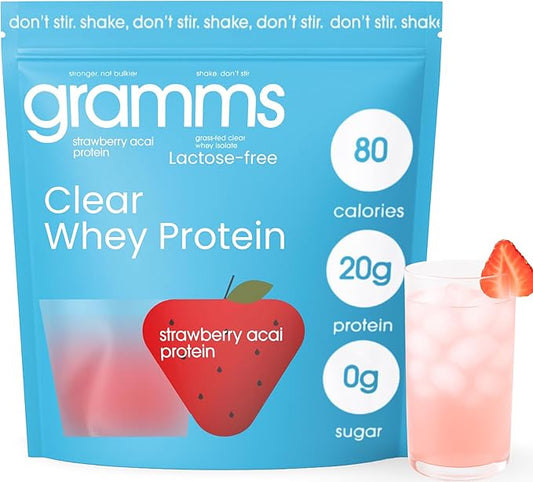 GRAMMS Clear Protein Powder, Strawberry Acai | 20g Protein Grass-Fed Whey Isolate, Zero Sugar, Zero Lactose, Non-Bloating, Non-GMO, Protein for Women (18 Servings)