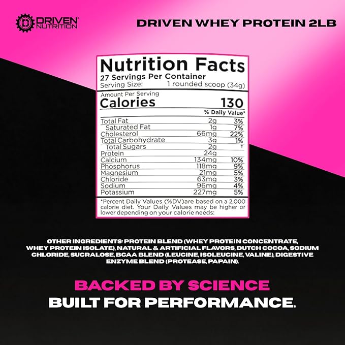 Driven WHEY- Whey Protein Powder: Delicious, Clean Protein Shake- Improve Muscle Recovery with 23 Grams of Protein with Added BCAA and Digestive Enzymes (2lb, Birthday Cake)