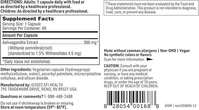 Klaire Labs SFI Health Ashwagandha Extract 300mg - Ashwagandha Supplement to Promote Memory, Cognitive Function & Healthy Stress Response - Hypoallergenic Ashwagandha Root Extract (60 Capsules)