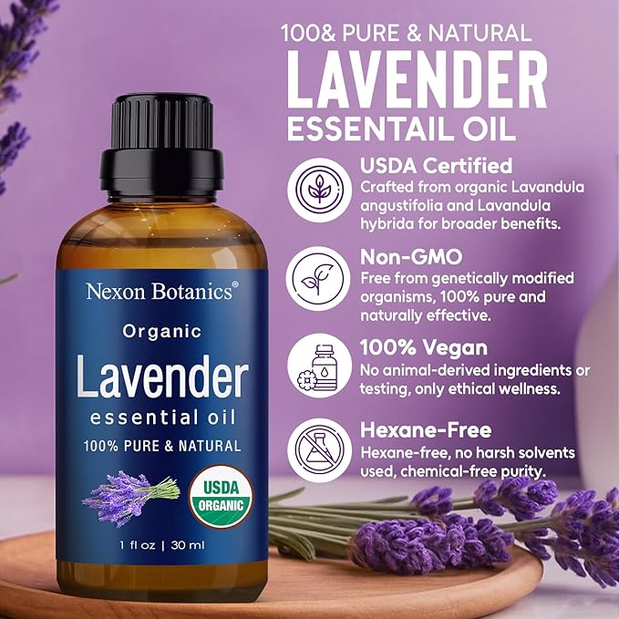 Organic Lavender Essential Oil 30 ml - Pure, Natural Oils for Aromatherapy, Diffusers, DIY, Candle and Soap Making Scent - Nexon Botanics