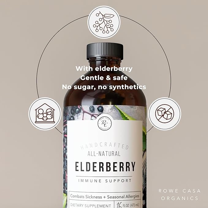 Rowe Casa Organics Elderberry Immune Support with Antioxidants, Zinc, and Vitamin C for Kids and Adults, Organic Elderberry Syrup for Immune Support, 16 Fl Oz