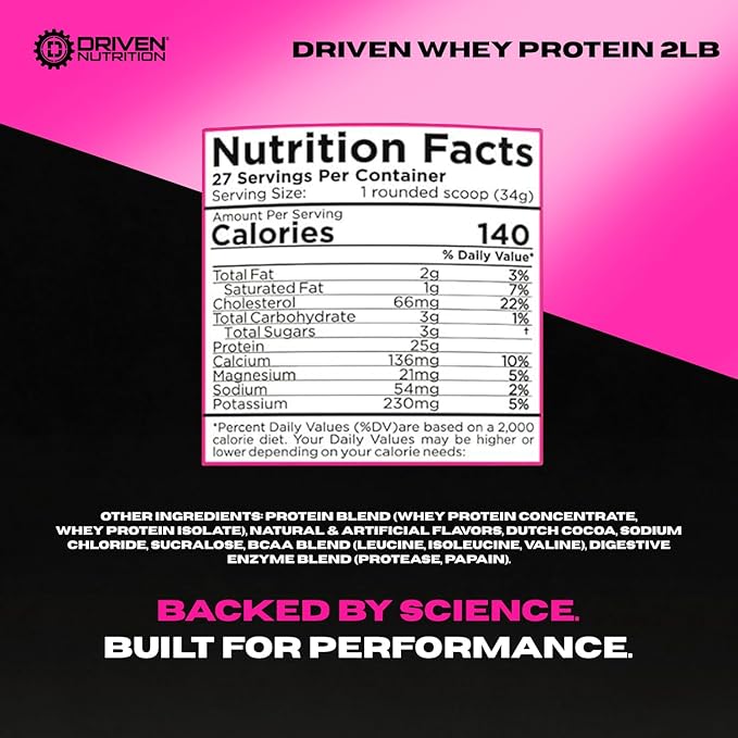 Driven WHEY- Whey Protein Powder: Delicious, Clean Protein Shake- Improve Muscle Recovery with 23 Grams of Protein with Added BCAA and Digestive Enzymes (2lb, Cookies & Cream)