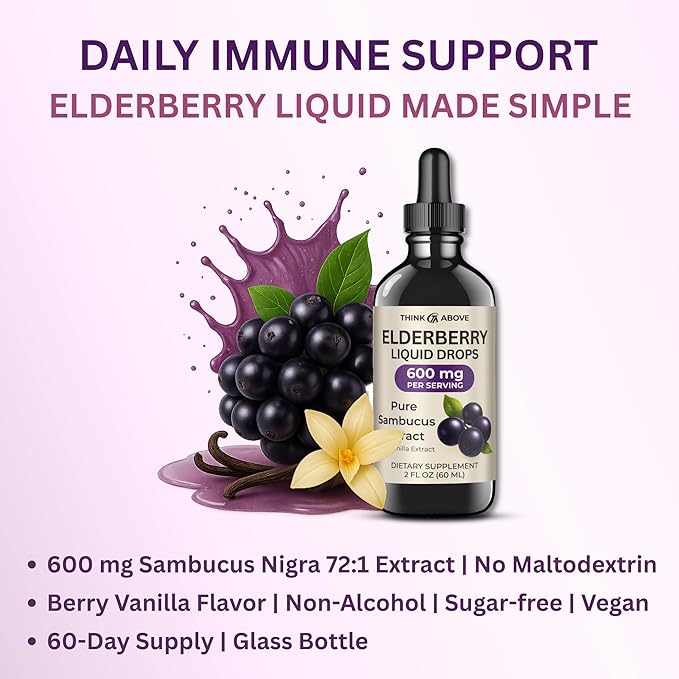 Elderberry Liquid Drops, 600mg, 2 Fl Oz, Pure Sambucus Extract with Vanilla, Vegan Immune Support Supplement