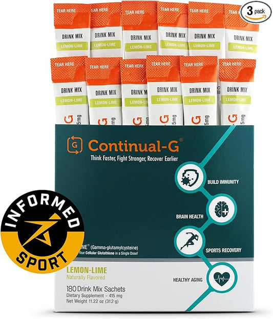 CONTINUAL - G Powder - Clinically Proven Cellular Glutathione Precursor | Benefit of Glyteine & Sunfiber | Immune Support, Master Antioxidant, Detox, Brain Health & Skin Care | 180 Sachets