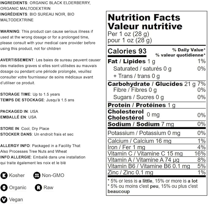 Food to Live Organic Black Elderberry Powder, 1 Pound Non-GMO, Made from Raw Dried Berries, Unsulfured, Vegan, Bulk, Great for Baking, Smoothies, Yogurts, No Sulphites, Contains Maltodextrin