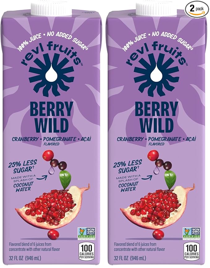 Revl Fruits™ 100% Juice, No Added Sugar, Cranberry Pomegranate Acai, Berry Wild, 32 fl oz. Carton (Pack of 2)