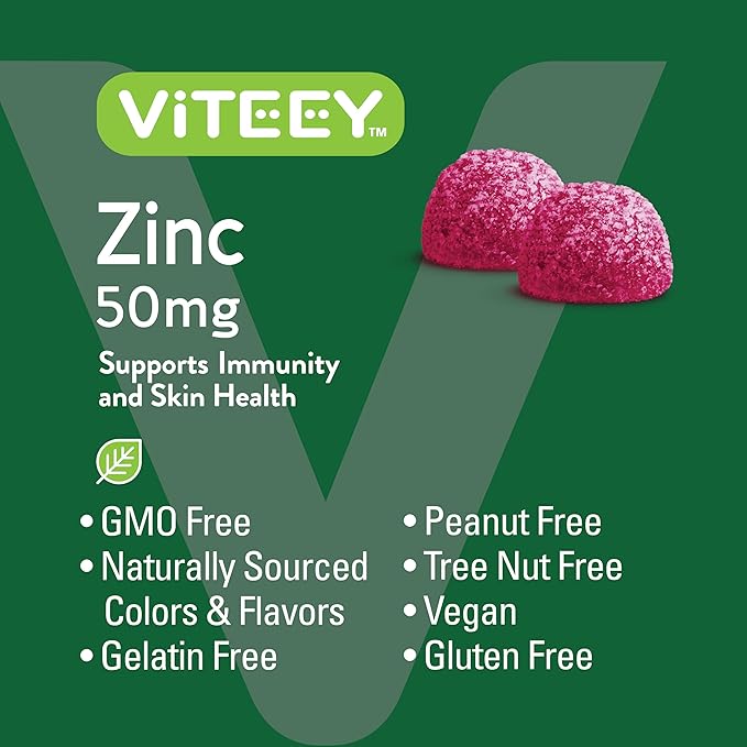 VITEEY Zinc Gummies Adult & Teens - 50mg - Immune Health Support & Antioxidant Support - Vitamin Zinc Supplement - Vegan, Gelatin Free, GMO Free - Tasty Chewable Berry Flavored Gummy