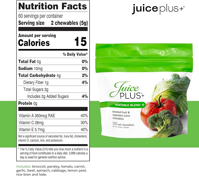 JuicePlus+ Vegetable Blend Soft Chews (Chewables) - Delicious Vegan Gummies with 11 Nutrient-Rich Vegetables for Daily Wellness! Boost Intake of Vitamins & More - For Kids & Adults - (1-mo, 30 Chews)