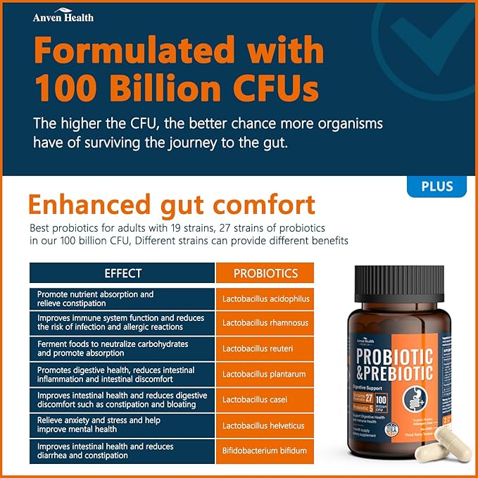 100 Billion Probiotics for Men and Women 27 Strains 5 Organic Prebiotics for Gut Digestive & Immune Health, Supports Diarrhea Gas Bloating, Non-GMO, Zero Fillers – Made in USA丨120 Caps