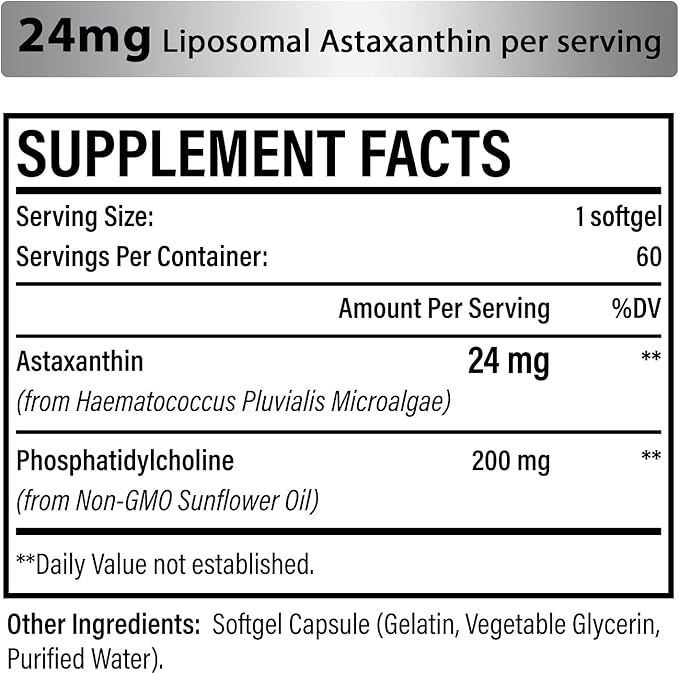 Liposomal Astaxanthin Supplement 24MG, Maximum Absorption, Antioxidant Stronger Than VIT C, Non-GMO & Gluten Free - 120 Softgels(4 Months Supply)