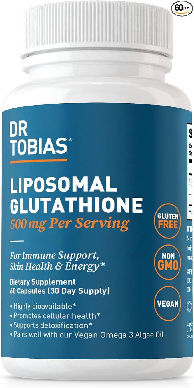Dr. Tobias Liposomal Glutathione, 500mg Per Serving - Highly Bioavailable Glutathione Supplement, Supports Energy, Skin & Immune Health - Vegan, Gluten-Free, Non-GMO, 60 Capsules, 30 Servings