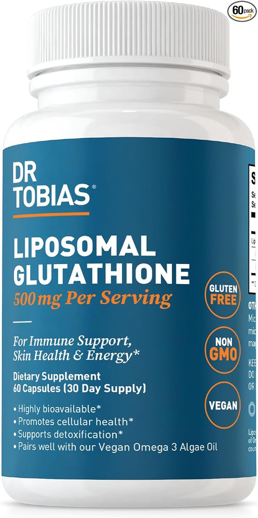 Dr. Tobias Liposomal Glutathione, 500mg Per Serving - Highly Bioavailable Glutathione Supplement, Supports Energy, Skin & Immune Health - Vegan, Gluten-Free, Non-GMO, 60 Capsules, 30 Servings