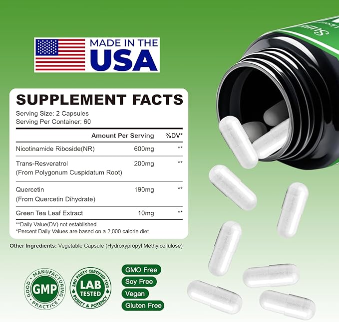 NAD Supplement 1000mg Pure - Liposomal NAD+ Supplement with Nicotinamide Riboside, Resveratrol,Green Tea Extract - Energy Supplements for Men & Women - NAD Plus - 120 Capsules