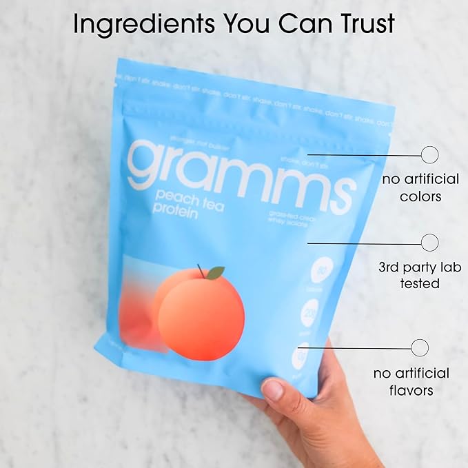 GRAMMS Clear Protein Powder, Peach Tea | 20g Protein Grass-Fed Whey Isolate, Zero Sugar, Zero Lactose, Non-Bloating, Non-GMO, Protein for Women & Men (18 Servings)