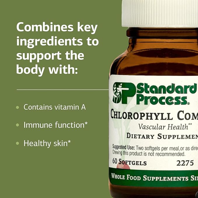 Standard Process Inc. Chlorophyll Complex - Immune Support, Antioxidant Activity, Skin Health and Hair Health Support with Vitamin A, Sunflower Lecithin, Buckwheat, Spanish Moss - 60 Softgels