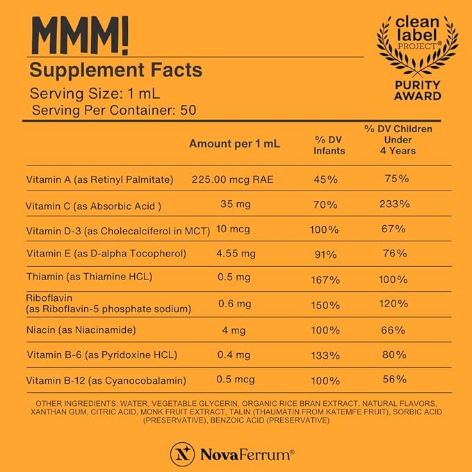 NovaFerrum MMM | Multivitamin for Kids, Infants and Toddlers | Vitamin C, D3, E | Gluten Free Certified | Sugar Free | No Artificial Colors | Ages 4 & Under | Orange Flavored | 2 Fl Oz (50 mL)