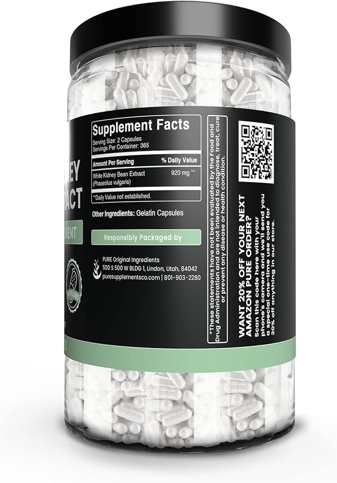 PURE ORIGINAL INGREDIENTS White Kidney Bean Extract (730 Capsules) No Magnesium Or Rice Fillers, Always Pure, Lab Verified
