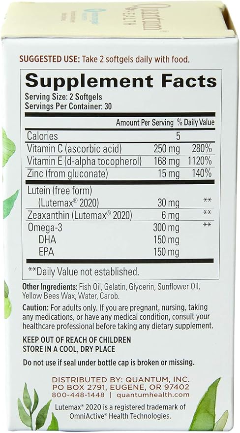Quantum Health Macula 30+ Eye Care Supplement Promotes Macular & Retinal Health as You Age with Lutein Zeaxanthin Omega-3 Vitamins C & E Daily Nutrition for Women & Men - 60 Softgels