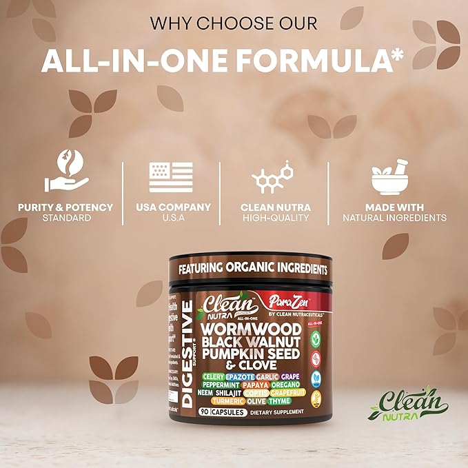Clean Nutra Wormwood Black Walnut Pumpkin Seed Clove Oil Celery Garlic Grape Papaya Neem Diatomaceous Earth Womens Probiotic Gut Health Cleanse Detox Oregano Olive Turmeric Supplement Vegan Capsules