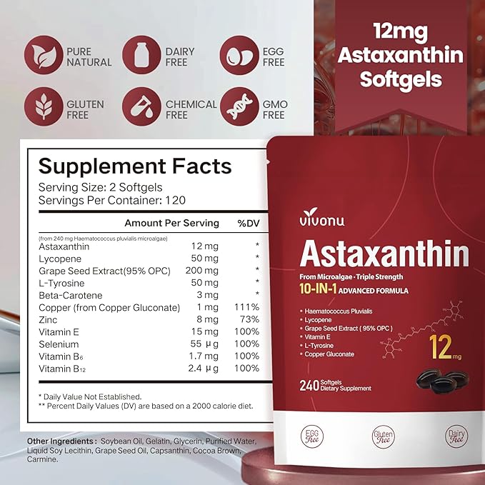 Astaxanthin 12mg, 240 Softgels, Fresh Haematococcus Pluvialis 10 in 1 Astaxanthin Antioxidant Supplements, Contains Lycopene, Grape Seed, Vitamin E, & More Supports Eye, Joints, Skin Health, 1 Bag
