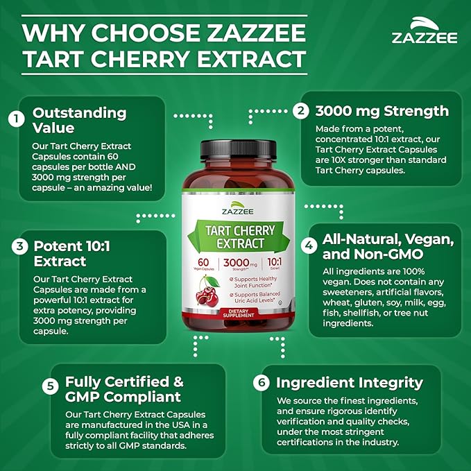 Zazzee Tart Cherry 10:1 Extract, 3000 mg Strength, 60 Vegan Capsules, 2 Month Supply, Certified Kosher, Concentrated and Standardized 10X Extract, 100% Vegetarian, All-Natural, Gluten Free, Non-GMO