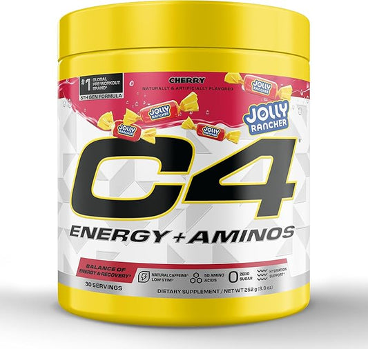 Cellucor C4 Energy + Aminos Powder | Jolly Rancher Cherry | 5g BCAAs & EAAs for Muscle Recovery, 3 Electrolytes for Hydration, 100mg Natural Caffeine | Pre Workout | Zero Sugar, 30 Servings