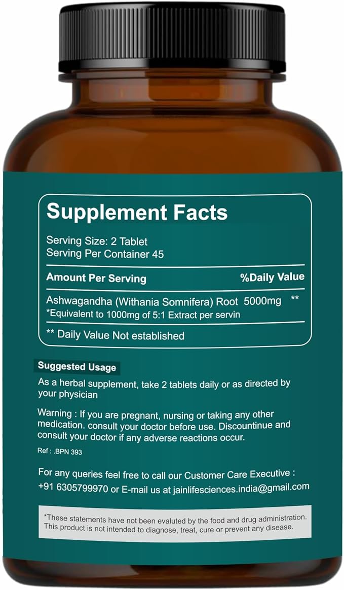 Ashwagandha Tablets 5000mg- 90 Count, Indian Ginseng, Ashwagandha Ayurvedic Supplement, Vegan & Paraben Free, No Preservative, Non-GMO - 90 Tablets (Pack of 1)
