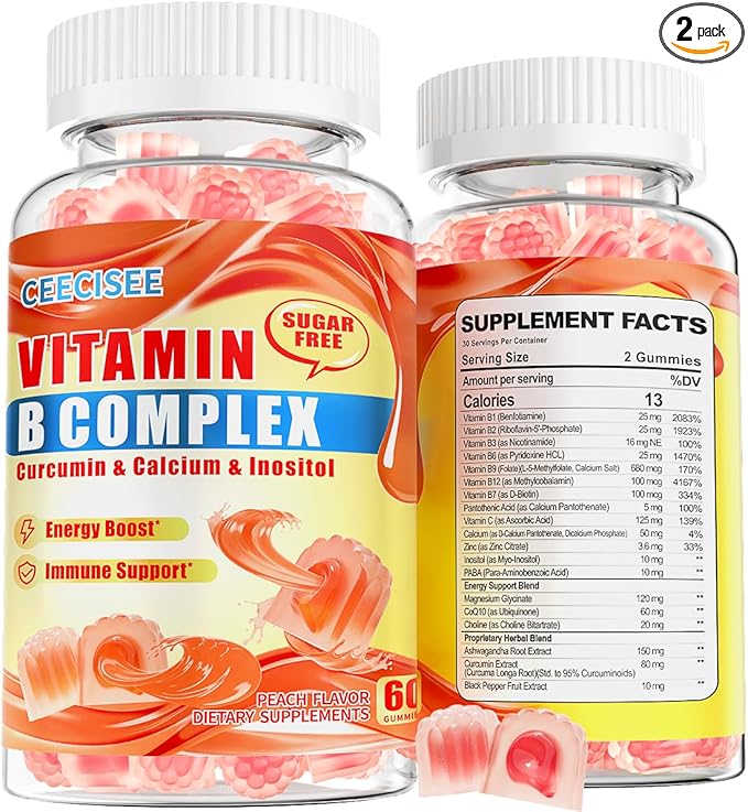 Natural Methylated Vitamins B Gummies: Chewable Supplement Complex with B1 B2 B3 B5 B6 B7 B9 B12 Zinc Magnesium Ashwagandha for Daily Energy Support - for Vegan Work Adults(120Count)
